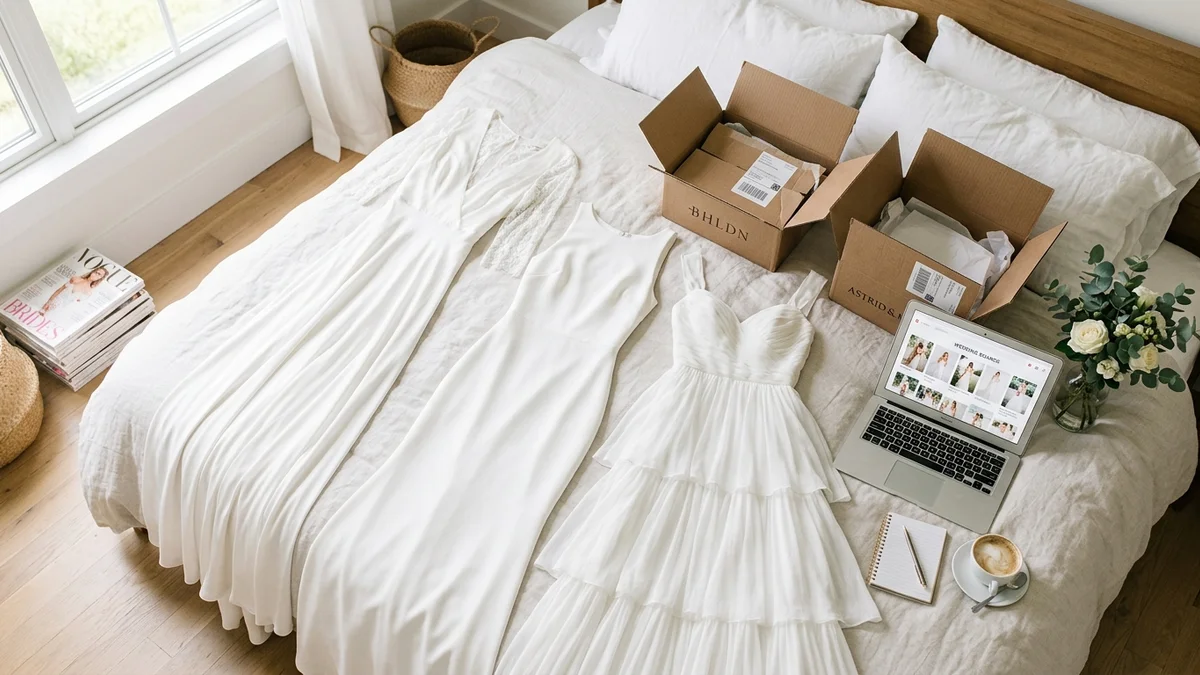 Bright, airy flat lay of three different white dresses spread across a bed next to open shipping boxes from various online retailers, with a laptop showing wedding Pinterest boards nearby