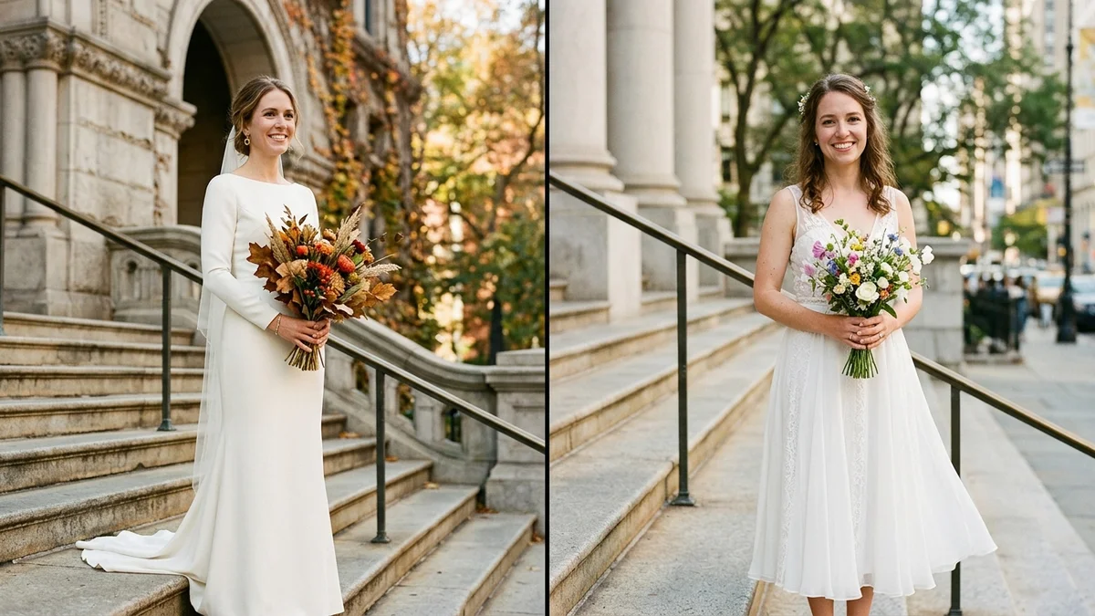 Side-by-side split image of two brides: one in a long-sleeved crepe dress holding autumn leaves, the other in a breezy sleeveless midi dress with a small spring bouquet on courthouse steps