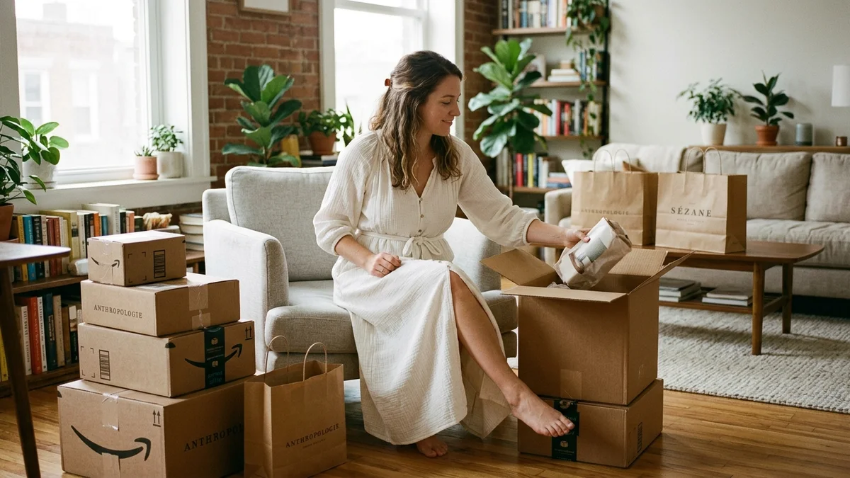 Bride sitting cross-legged on her living room floor surrounded by three open dress boxes, holding up a white midi dress and comparing it to her phone screen showing the product listing