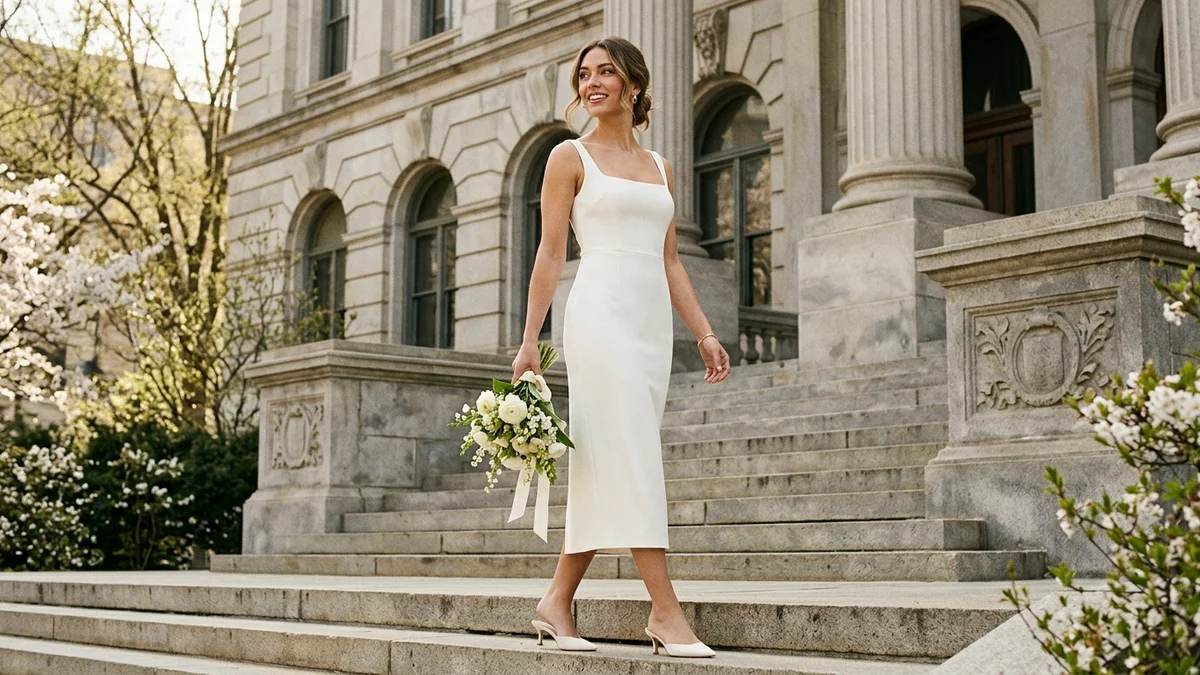 Confident bride in a sleek ivory midi dress stepping out of a yellow taxi in front of a grand stone courthouse on a bright spring morning