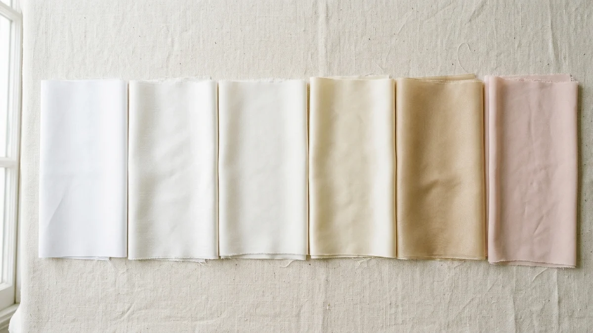 Six shades of white wedding dress fabric swatches laid side by side in natural light