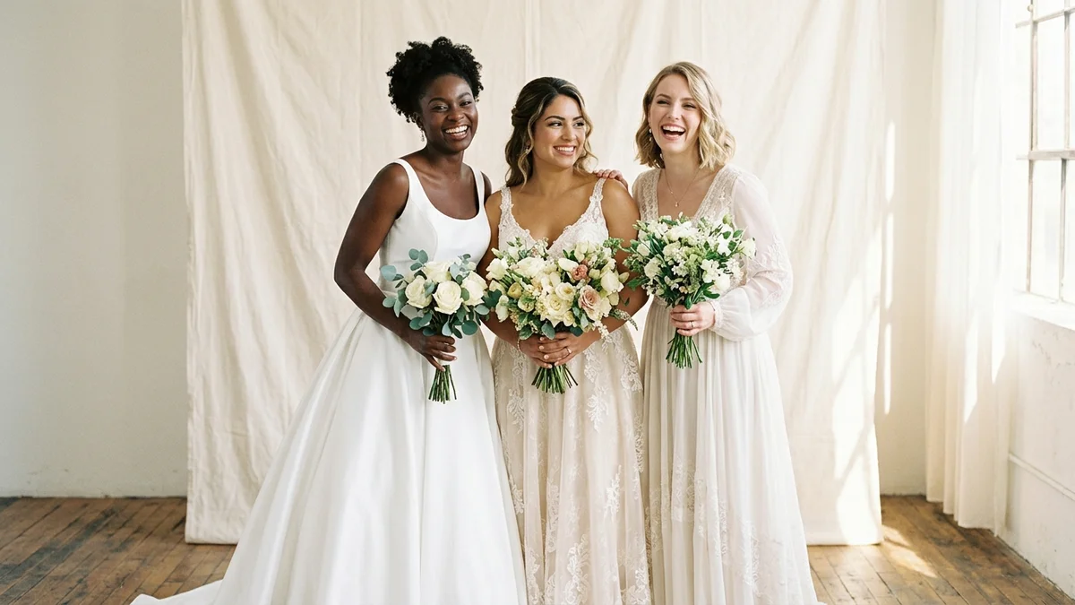 Brides with different skin tones each wearing the shade of white that flatters them