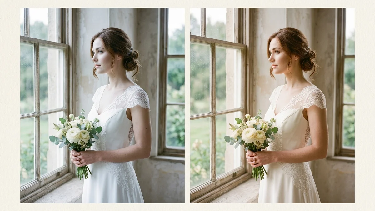Split image of the same bride wearing a pure white and an ivory wedding dress side by side