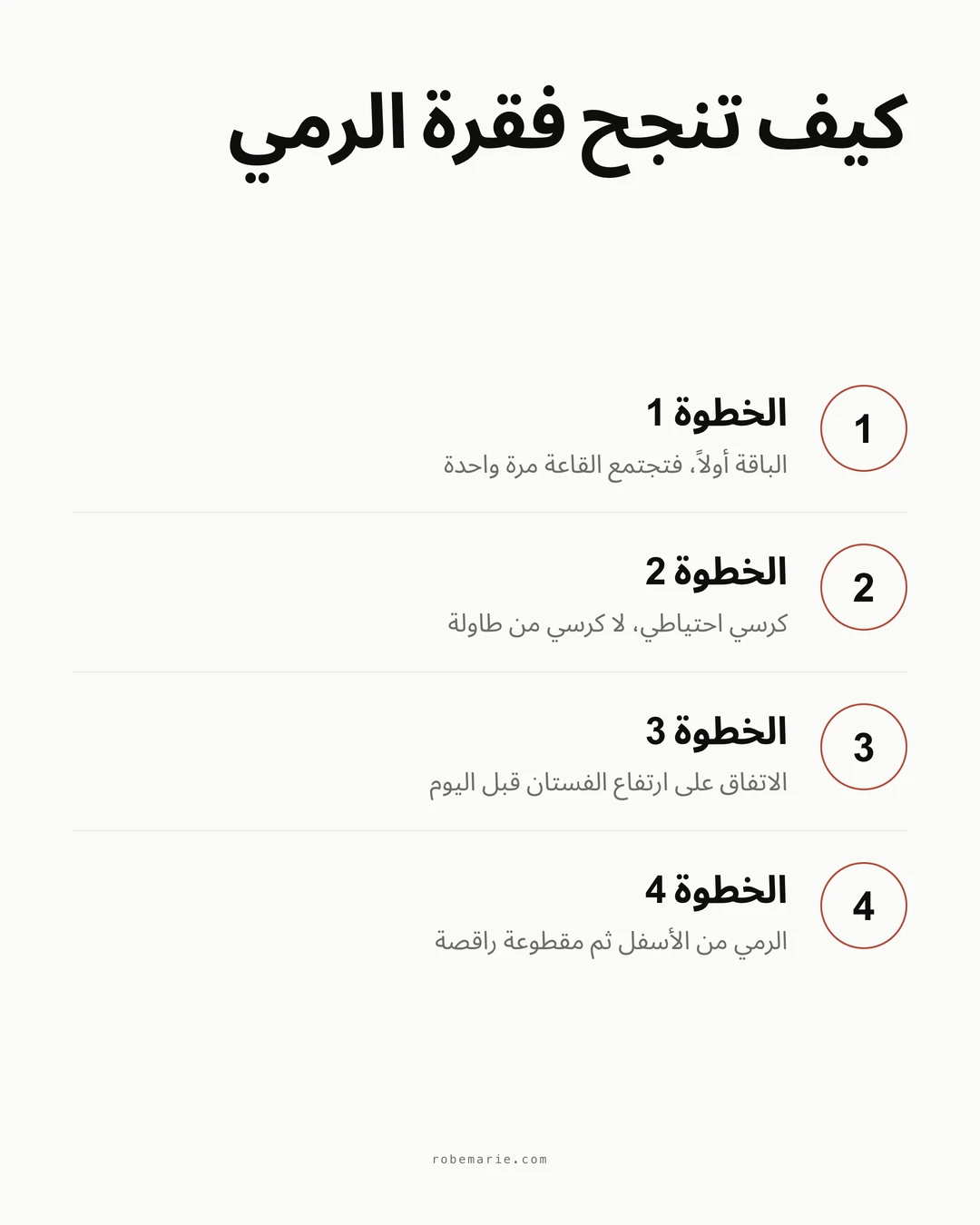 إنفوغرافيك بأربع خطوات لإتقان رمي رباط الساق: الباقة أولاً، إحضار كرسي احتياطي، الاتفاق على ارتفاع طرف الفستان، الرمي من الأسفل ثم الانتقال مباشرة إلى مقطوعة راقصة