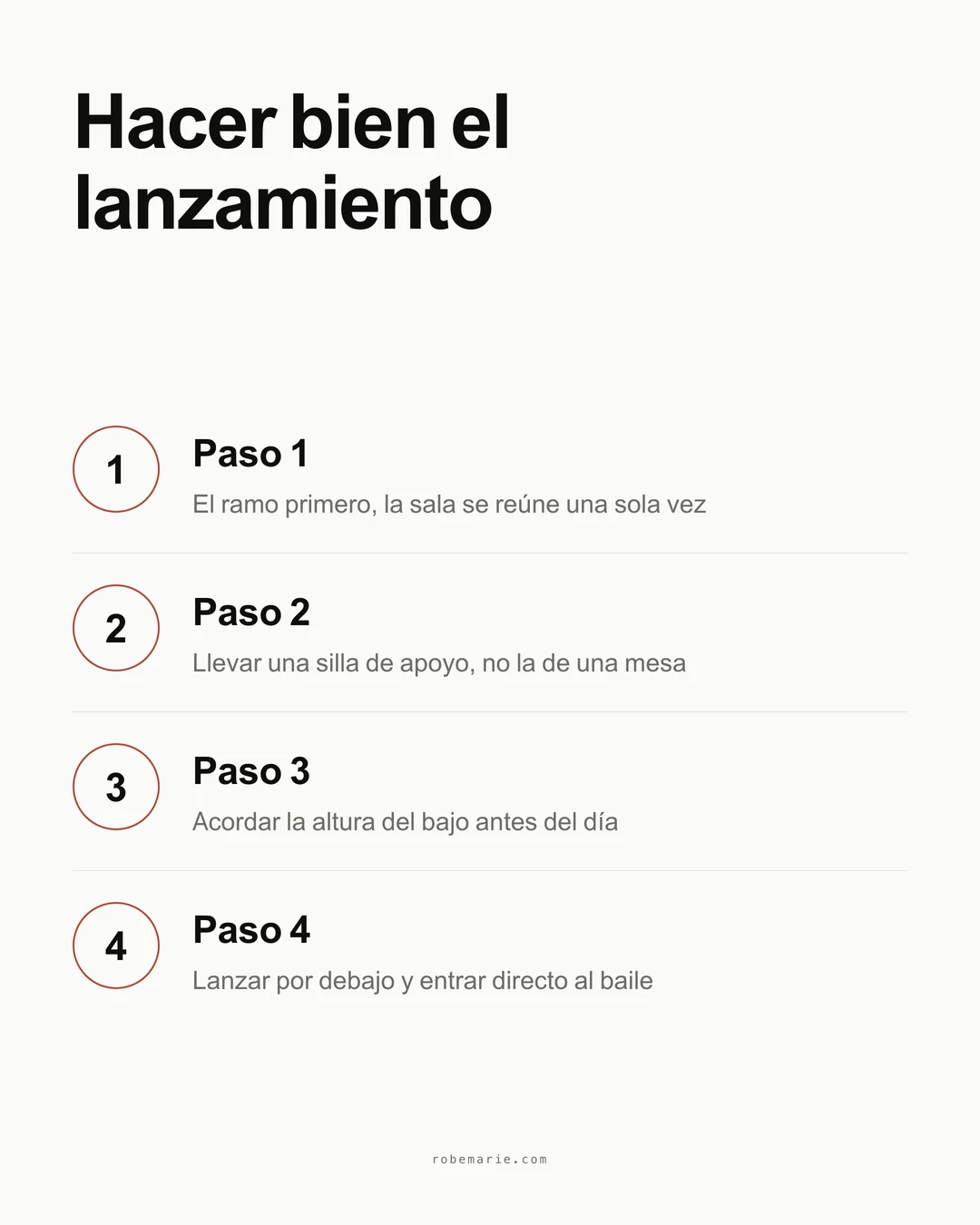Infografía con cuatro pasos para hacer bien el lanzamiento de la liga: el ramo primero, llevar una silla de apoyo, acordar la altura del bajo, lanzar por debajo y entrar directo en un tema bailable