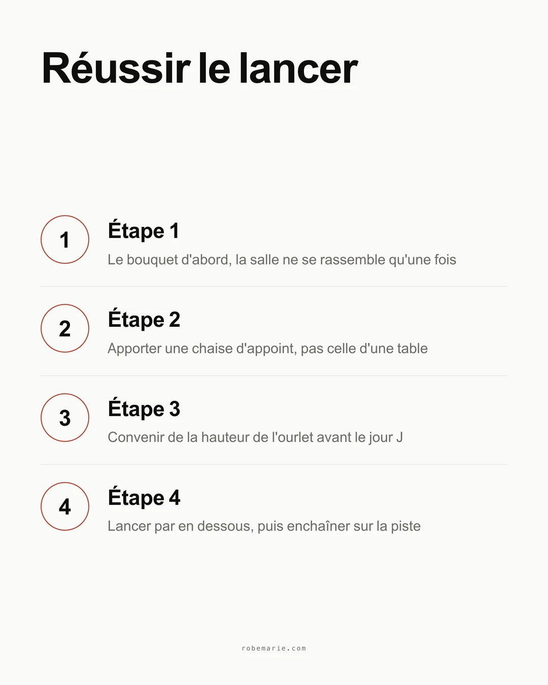 Infographie montrant quatre étapes pour réussir le lancer de jarretière : le bouquet d'abord, apporter une chaise d'appoint, convenir de la hauteur de l'ourlet, lancer par en dessous puis enchaîner sur un morceau dansant