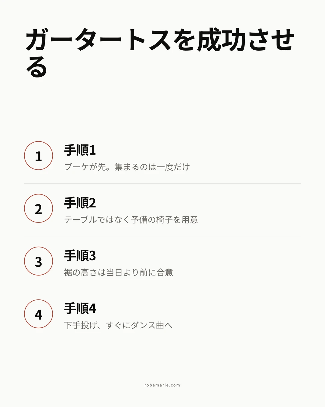 ガータートスを成功させる4ステップのインフォグラフィック。ブーケが先、予備の椅子を用意、裾の高さを事前に合意、下手投げのあとすぐダンス曲へ