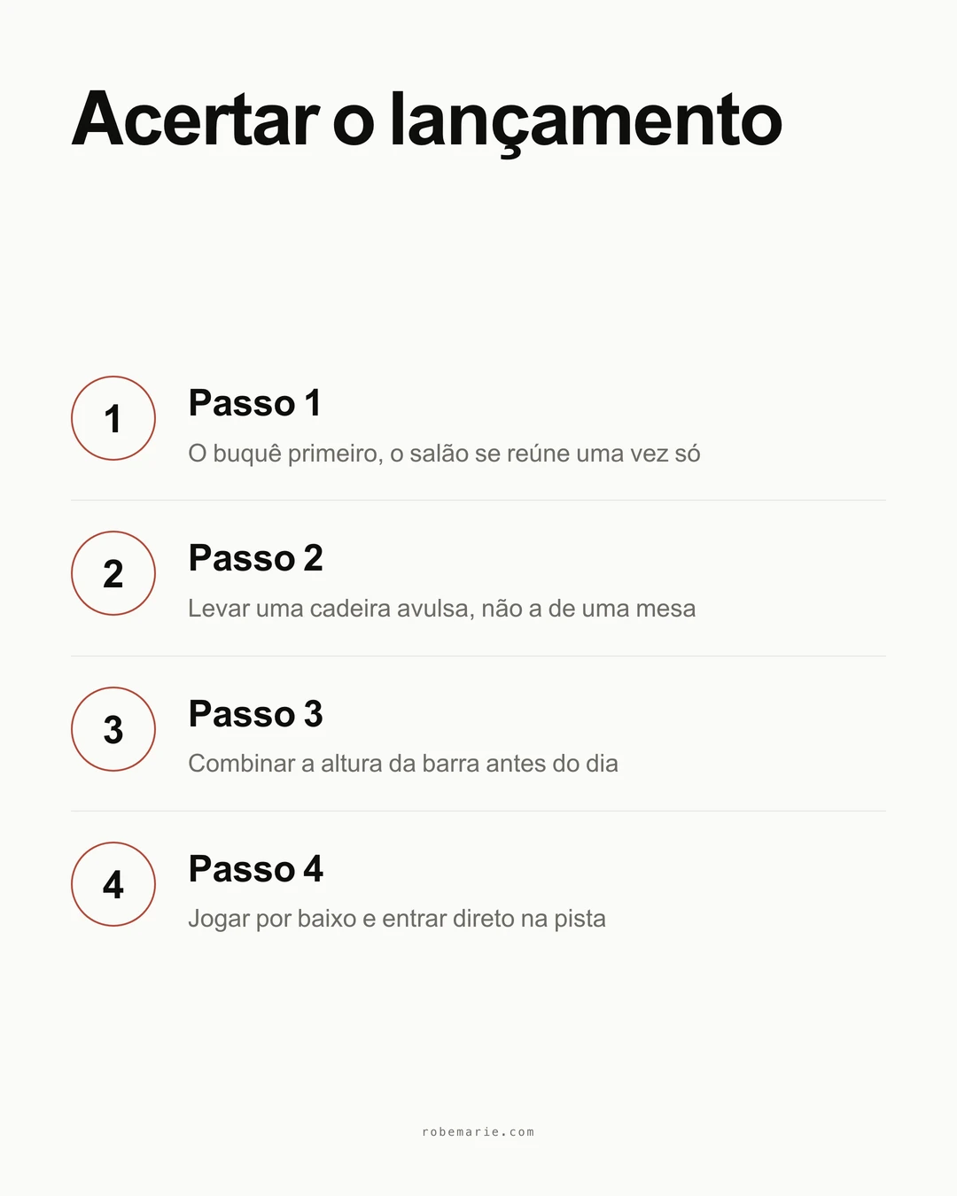 Infográfico com quatro passos para acertar o lançamento da liga: o buquê primeiro, levar uma cadeira avulsa, combinar a altura da barra, jogar por baixo e entrar direto numa faixa dançante