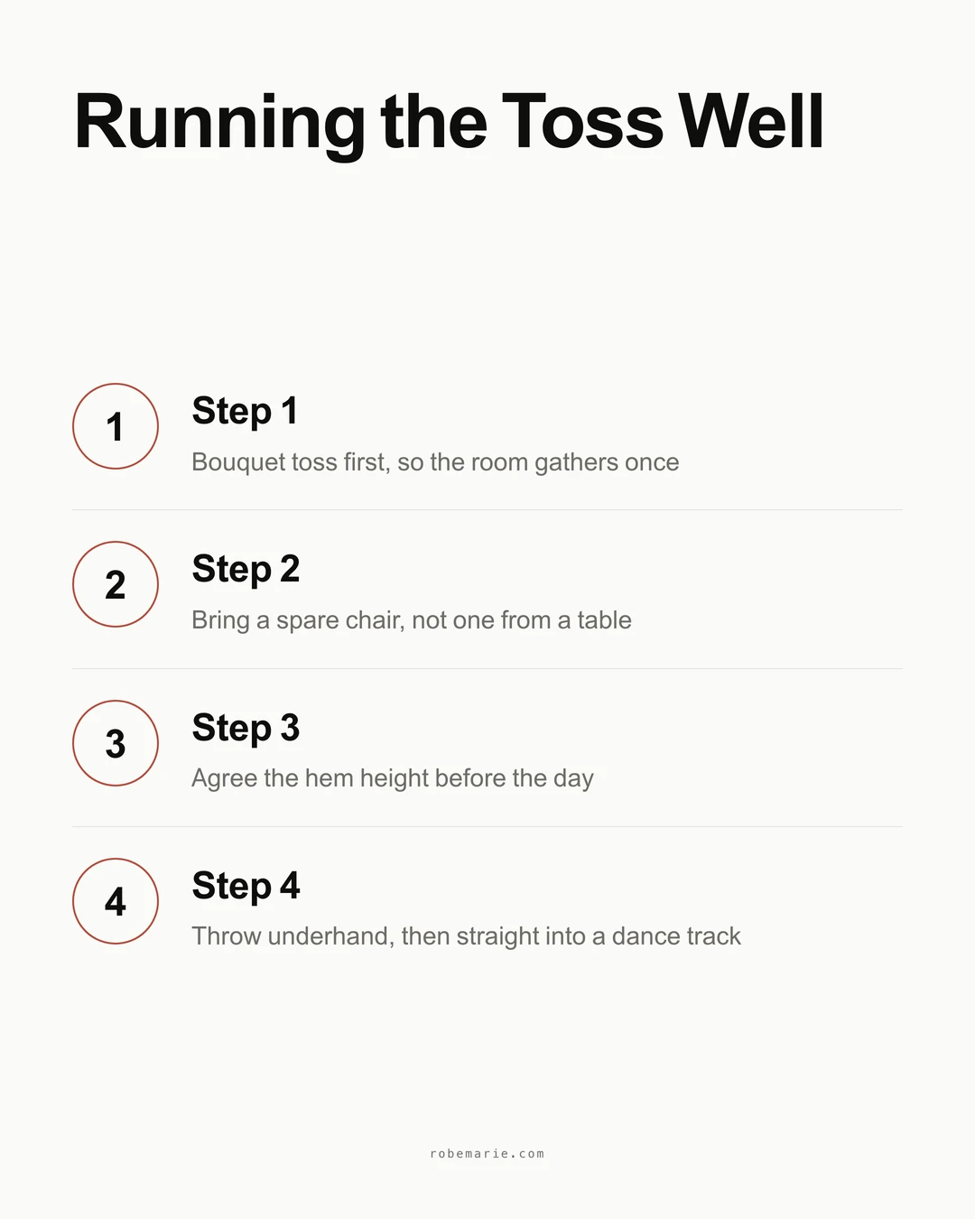 Infographic showing four steps to run a garter toss: bouquet toss first, bring a spare chair, agree the hem height, throw underhand and move straight into a dance track