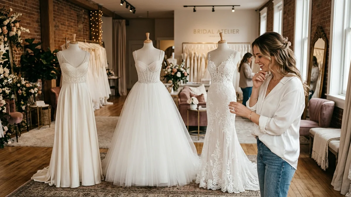 Different wedding gown silhouettes on mannequins in a high-end bridal salon with warm ambient lighting