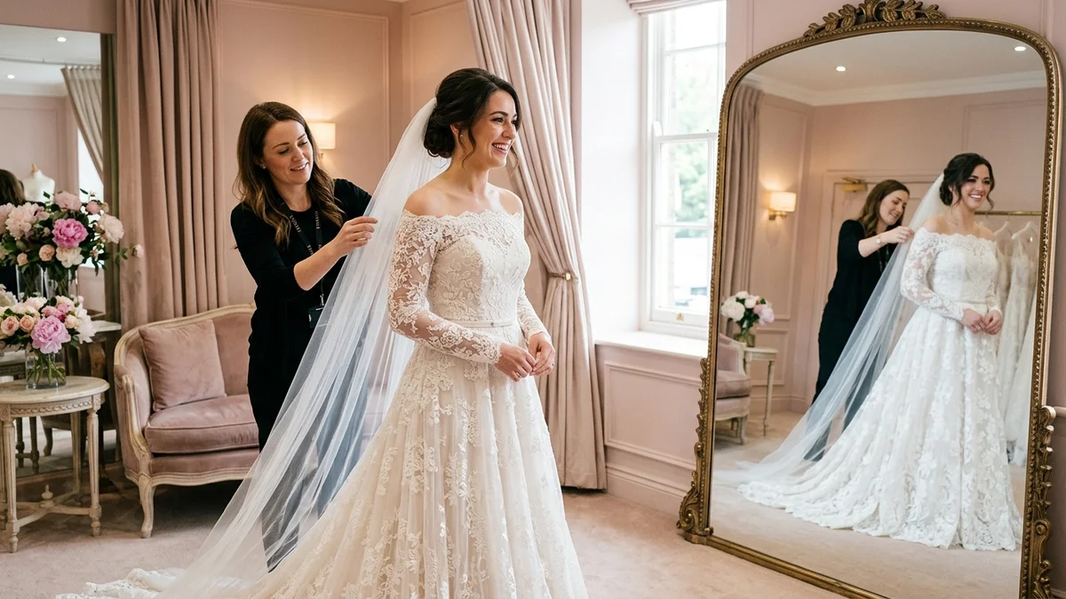 Bride trying on a romantic lace wedding gown with a consultant helping adjust the veil in a luxury fitting room
