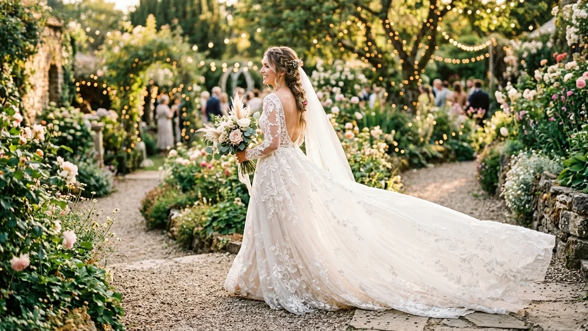 Bride in a stunning wedding gown walking through a romantic garden venue at golden hour with flowing train
