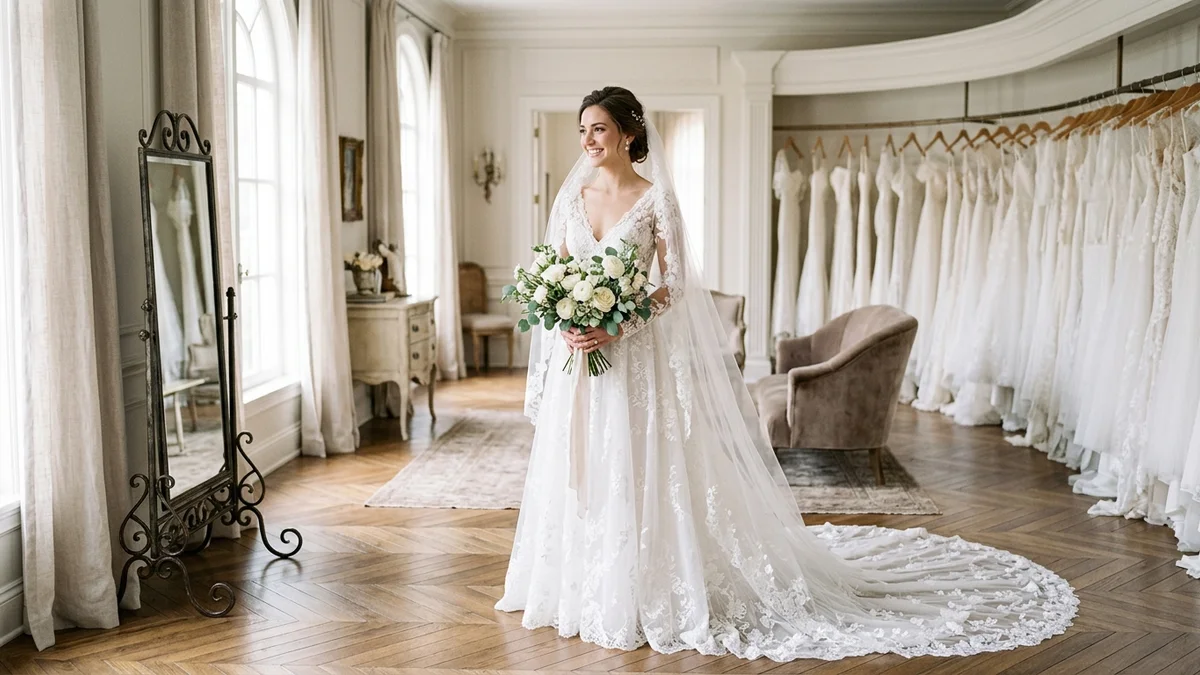 Bride in a flowing white wedding gown standing in a sunlit luxury bridal boutique, touching the delicate fabric of her dress