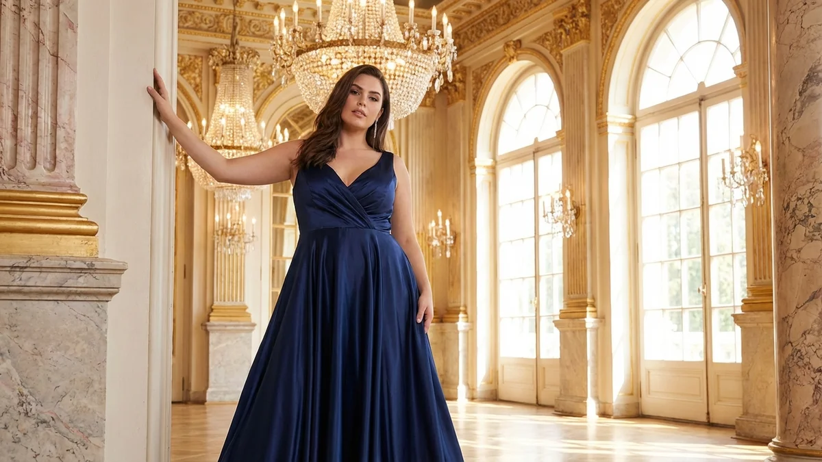 Elegant woman in long wedding guest dress at a beautiful venue