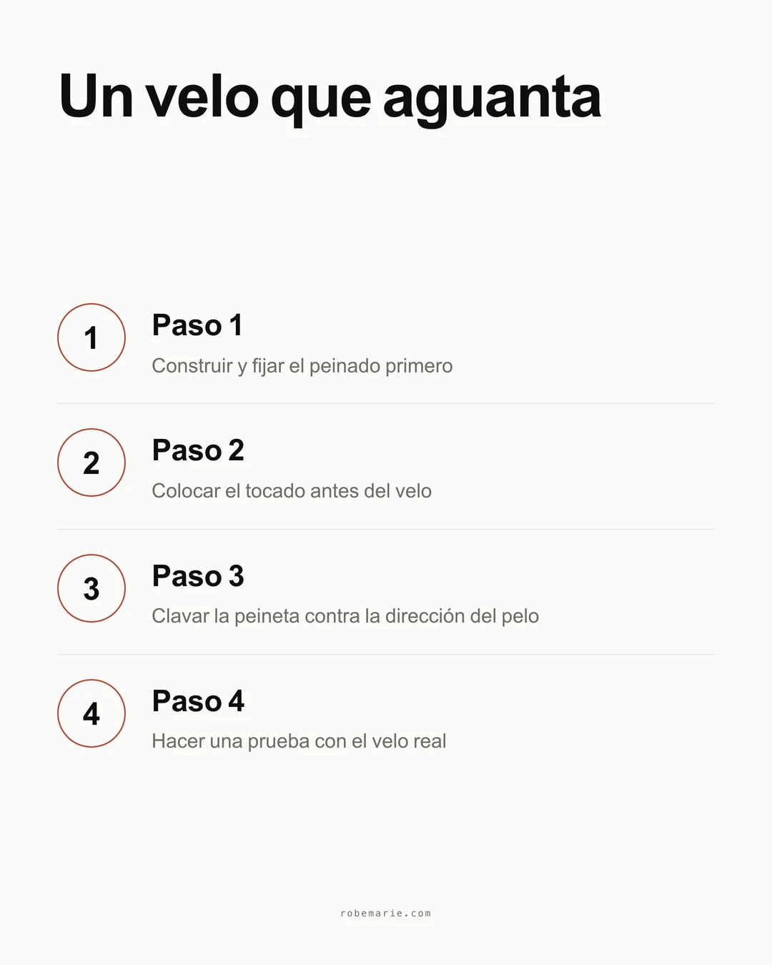 Infografía con cuatro pasos para un velo que aguante: construir y fijar el peinado, colocar el tocado antes del velo, clavar la peineta en dirección contraria al pelo, hacer una prueba con el velo real