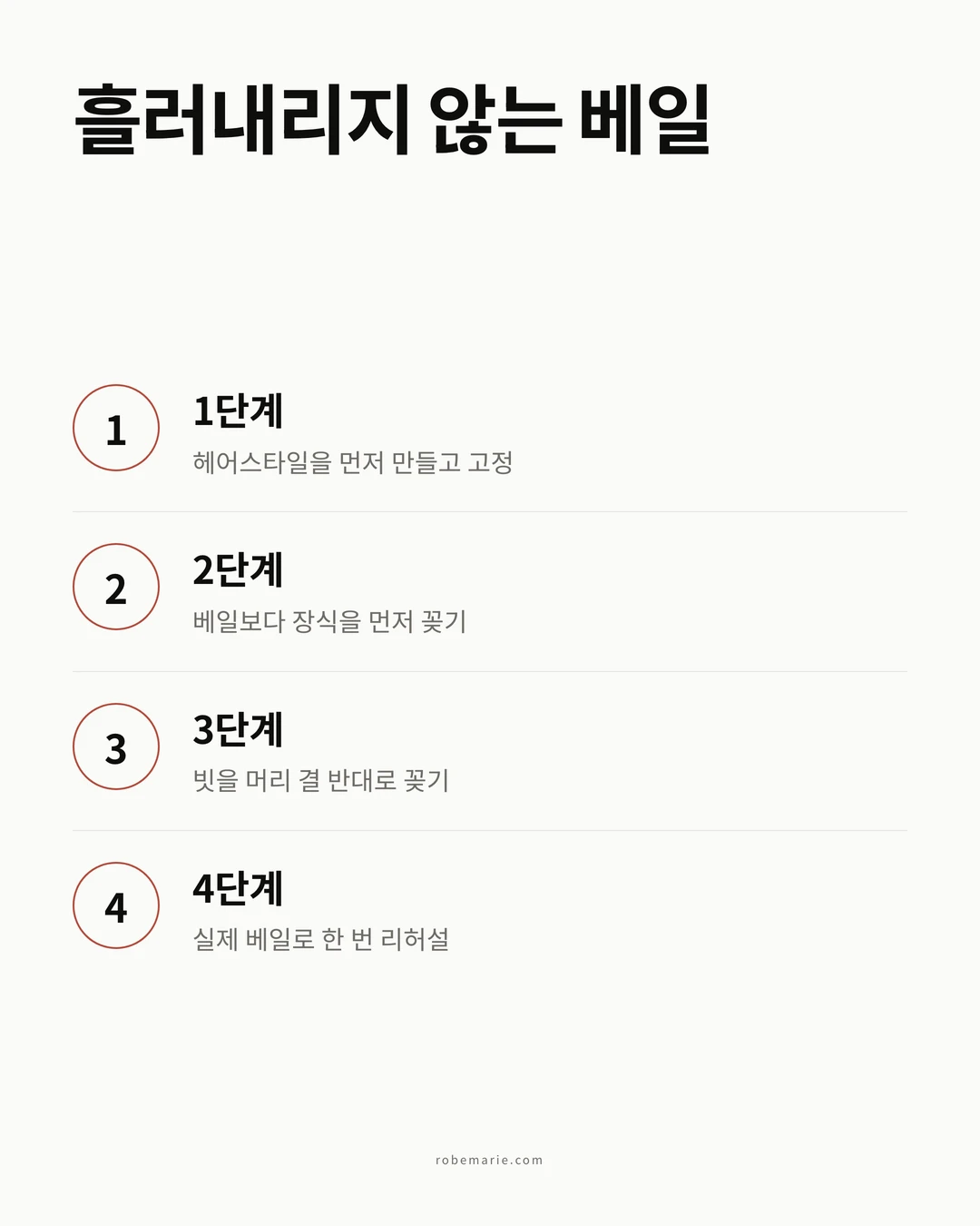 베일을 유지하는 4단계 인포그래픽. 헤어스타일을 먼저 만들고 고정, 베일보다 장식을 먼저, 빗을 머리 결 반대로 꽂기, 실제 베일로 한 번 리허설