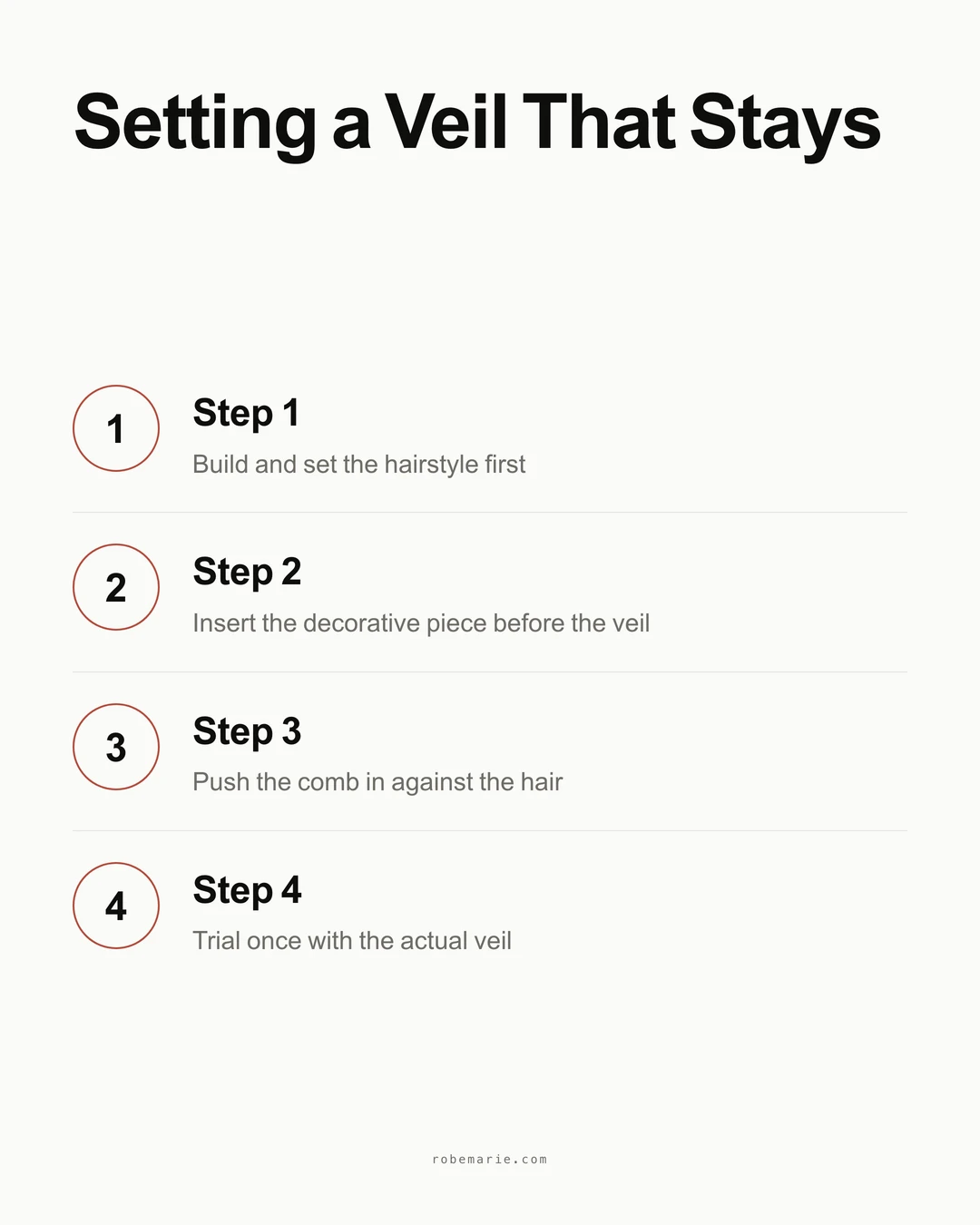 Infographic showing four steps to set a veil that stays: build and set the hairstyle, insert the decorative piece first, push the veil comb in against the hair, trial once with the real veil