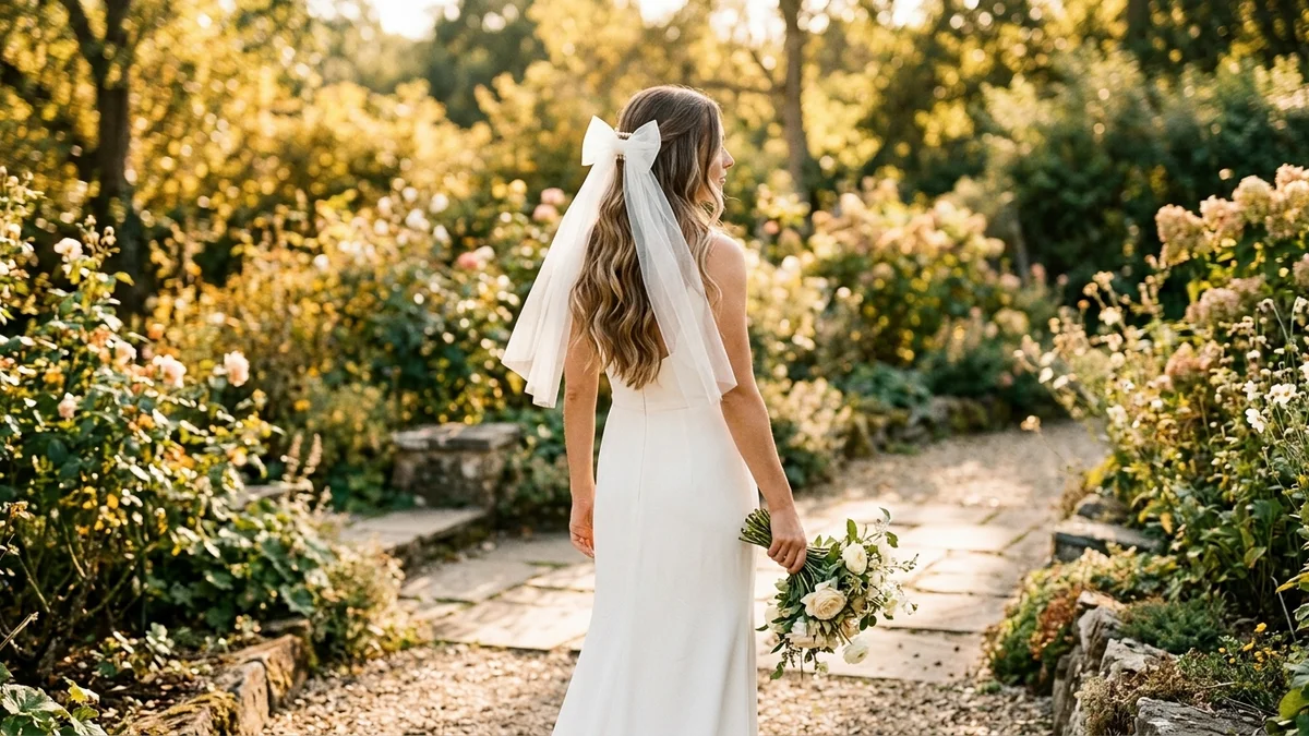 Noiva com cabelo longo solto em ondas suaves usando um véu curto de laço em tule marfim fixado no topo da cabeça, vista de trás num jardim iluminado pelo sol