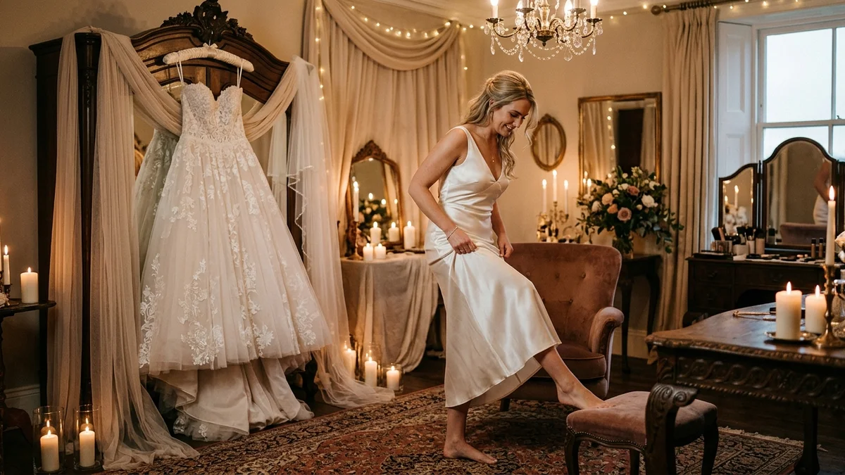 Bride slipping into a sleek satin midi dress in a candlelit bridal suite, her ceremony gown hanging behind her