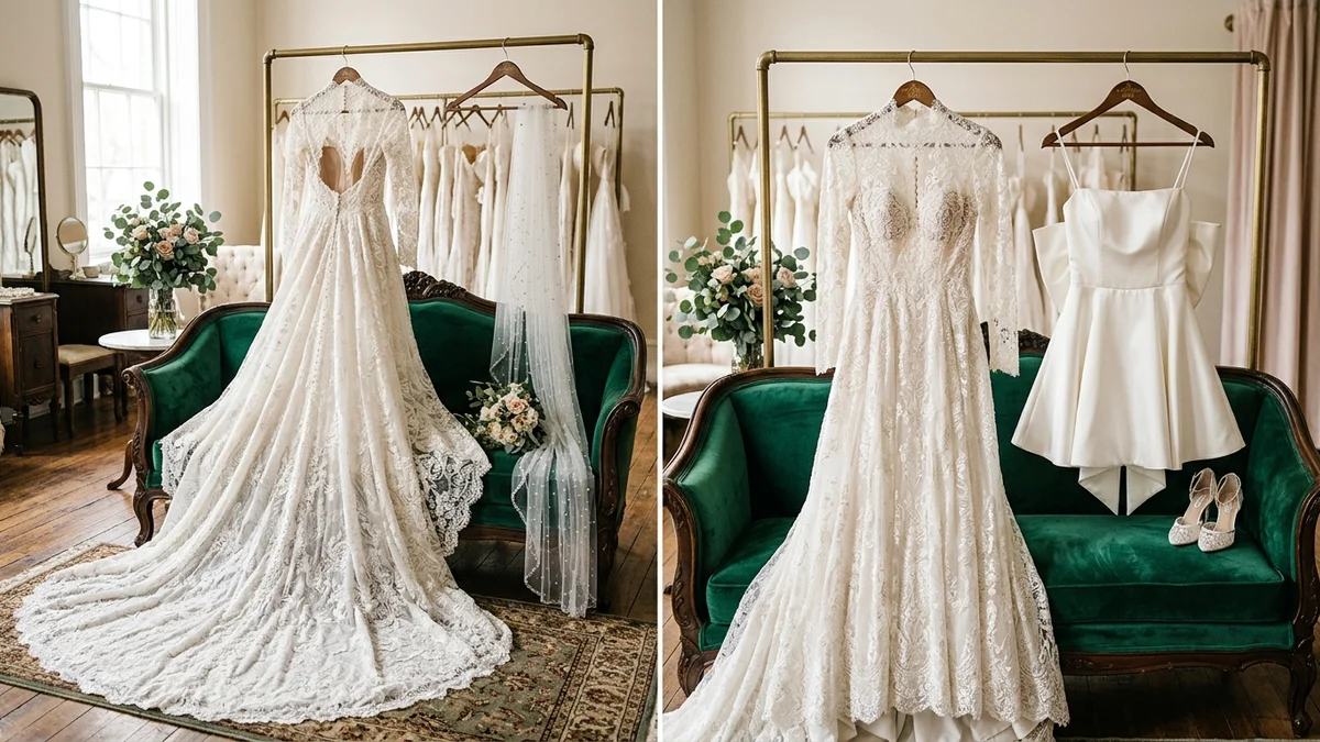 Two wedding looks side by side: a structured lace ceremony gown next to a flowy satin mini reception dress on a velvet settee