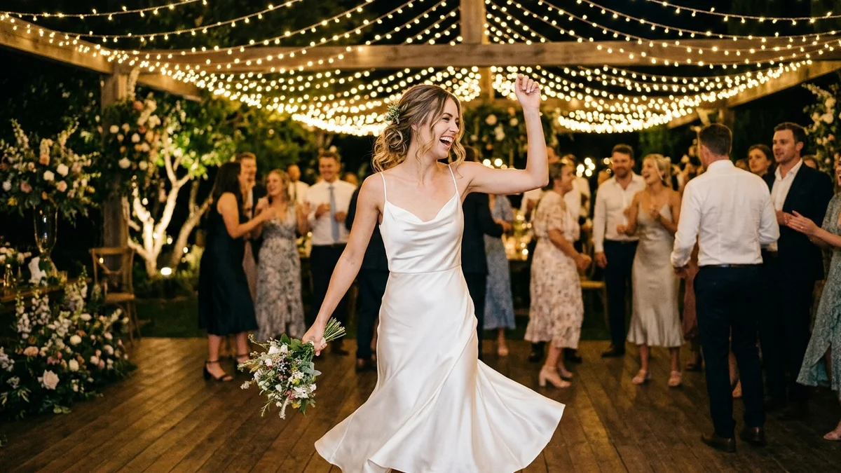 Bride in a sleek white midi reception dress dancing under string lights at an outdoor evening wedding celebration