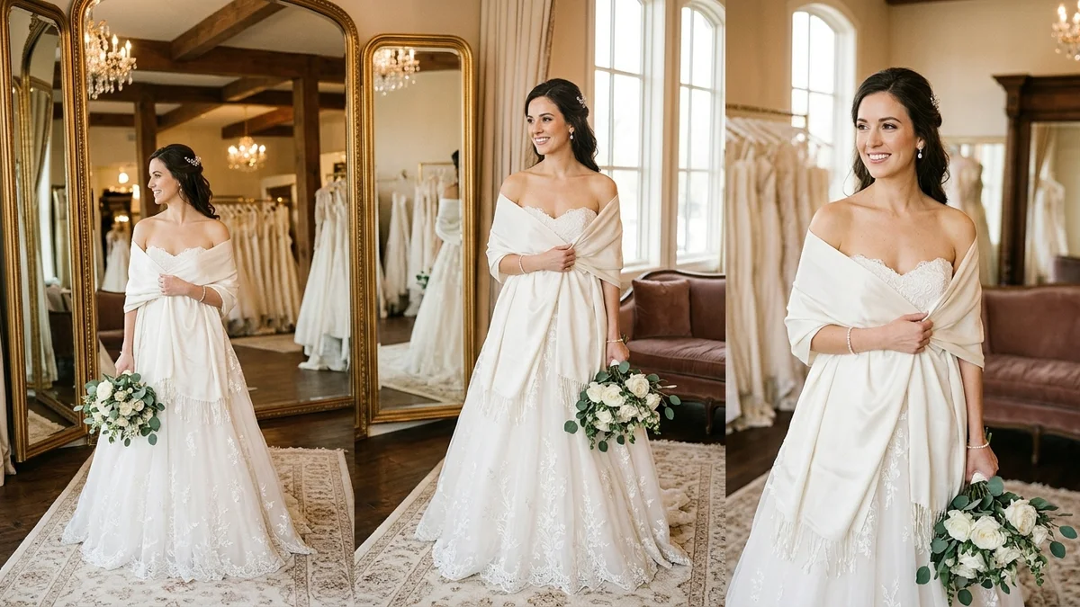 Bride in elegant strapless gown with ivory silk shawl draped over shoulders at a luxury vineyard ceremony