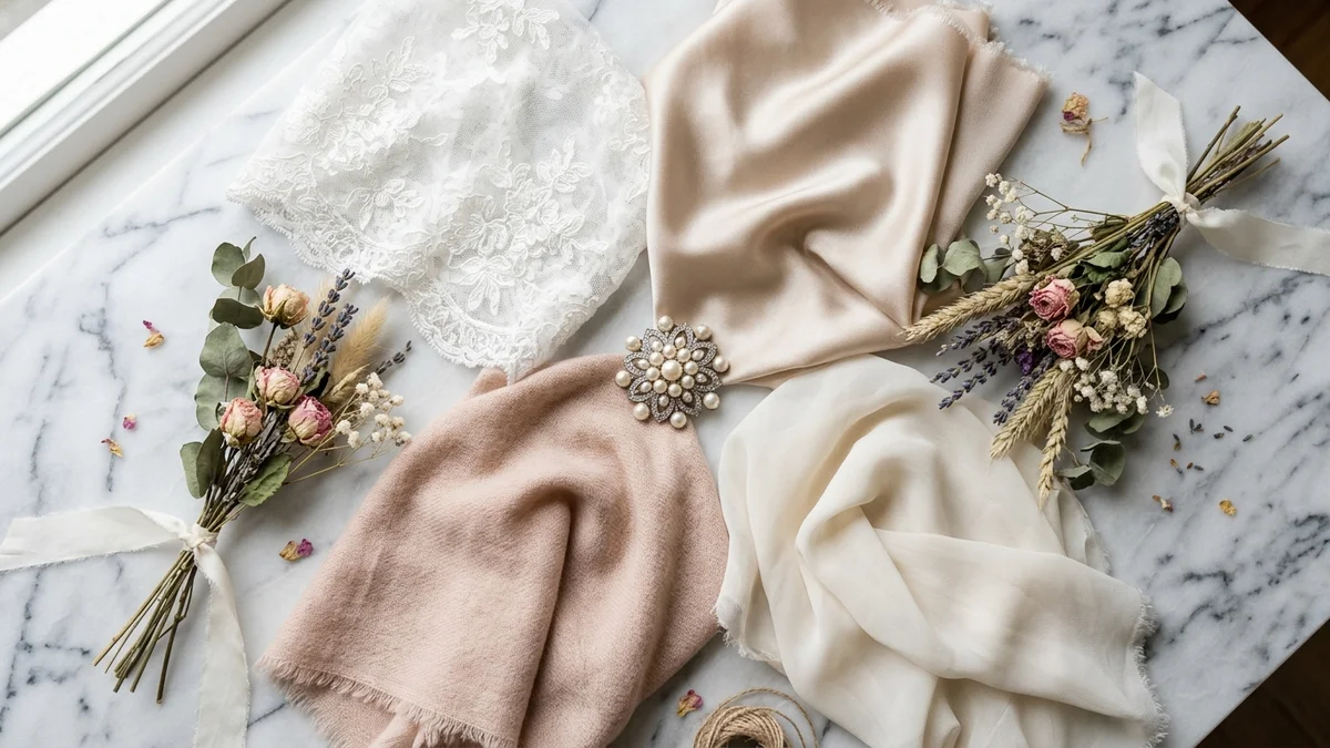 Close-up of various wedding shawl fabrics arranged on marble surface — lace, silk, cashmere, and chiffon in ivory and blush tones