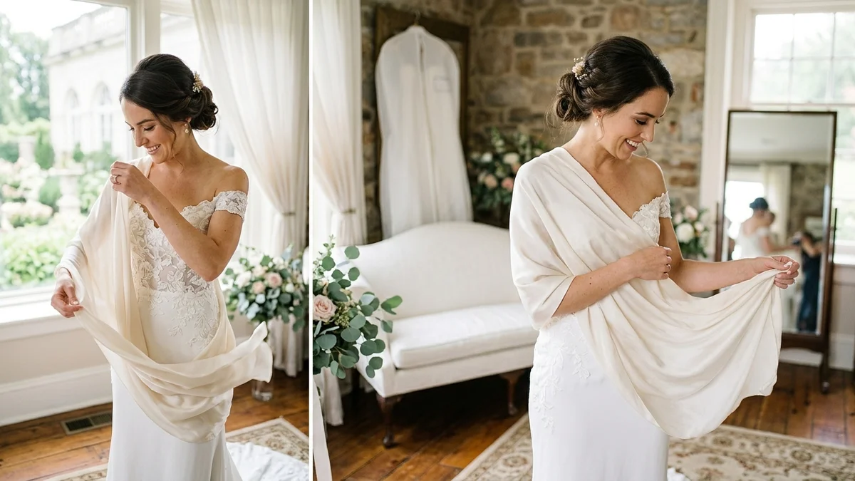 Bride demonstrating classic shoulder drape technique with flowing silk shawl in a sunlit bridal suite