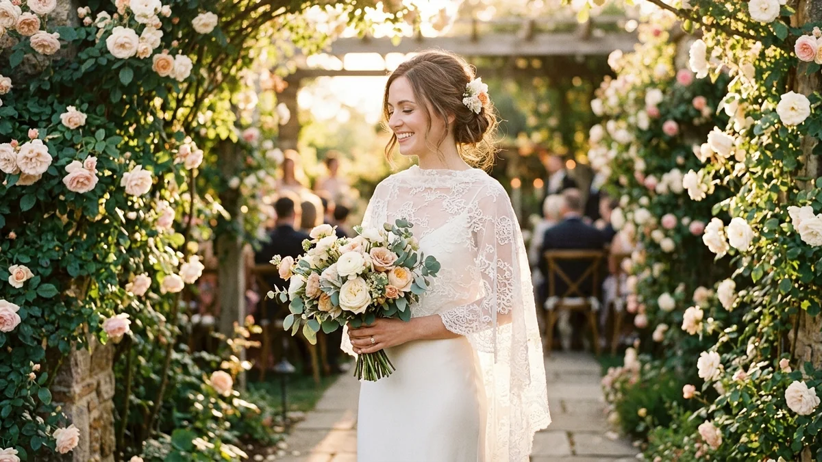 Bride draped in a delicate lace shawl at a romantic garden ceremony, golden hour sunlight filtering through the fabric