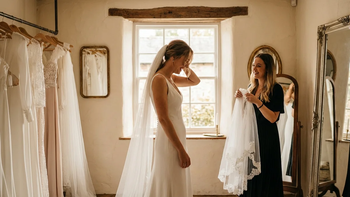 Bride trying on different veil lengths at bridal boutique