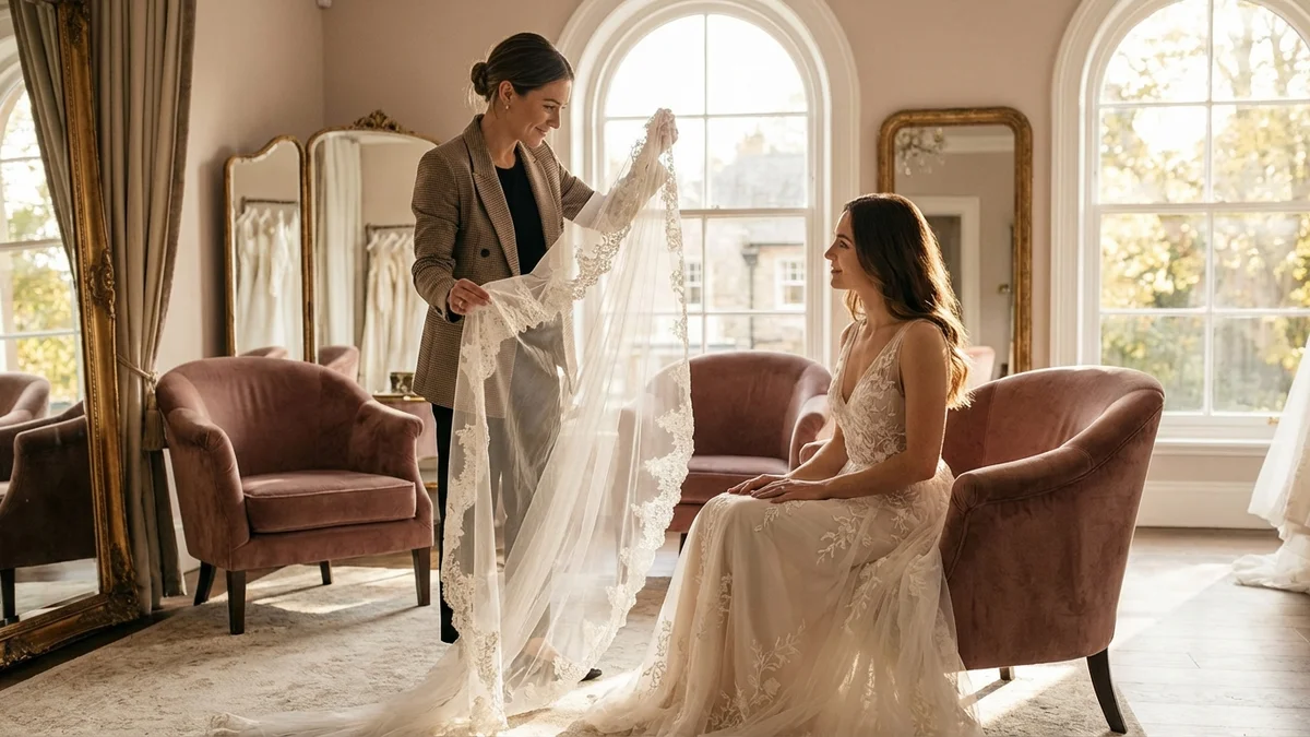 Bridal consultant helping bride choose veil to match her dress