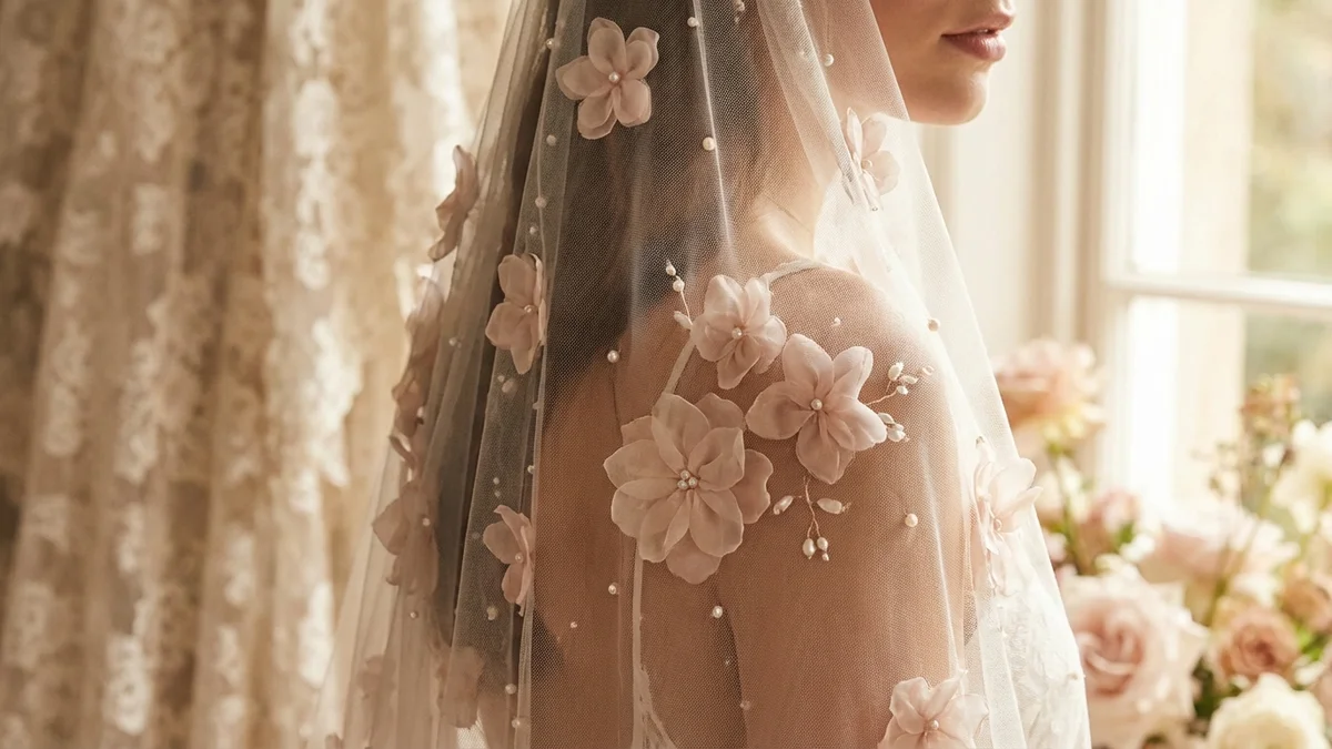 Trendy 2026 wedding veil with 3D floral embellishments