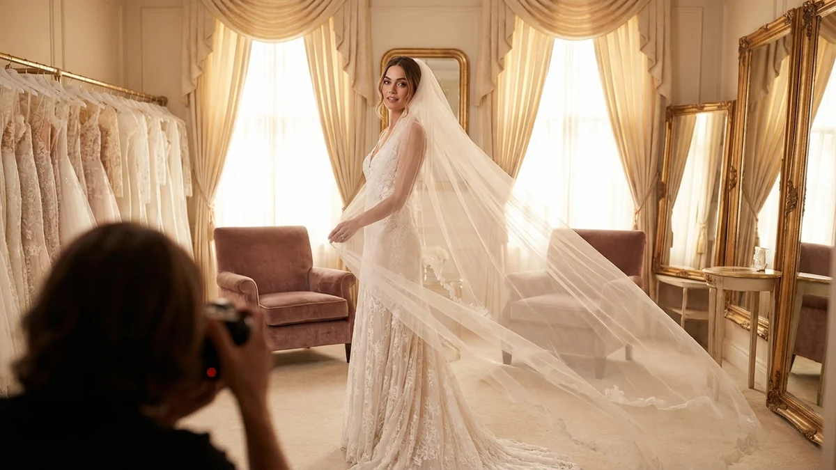 Elegant bride wearing a flowing cathedral wedding veil in a romantic setting