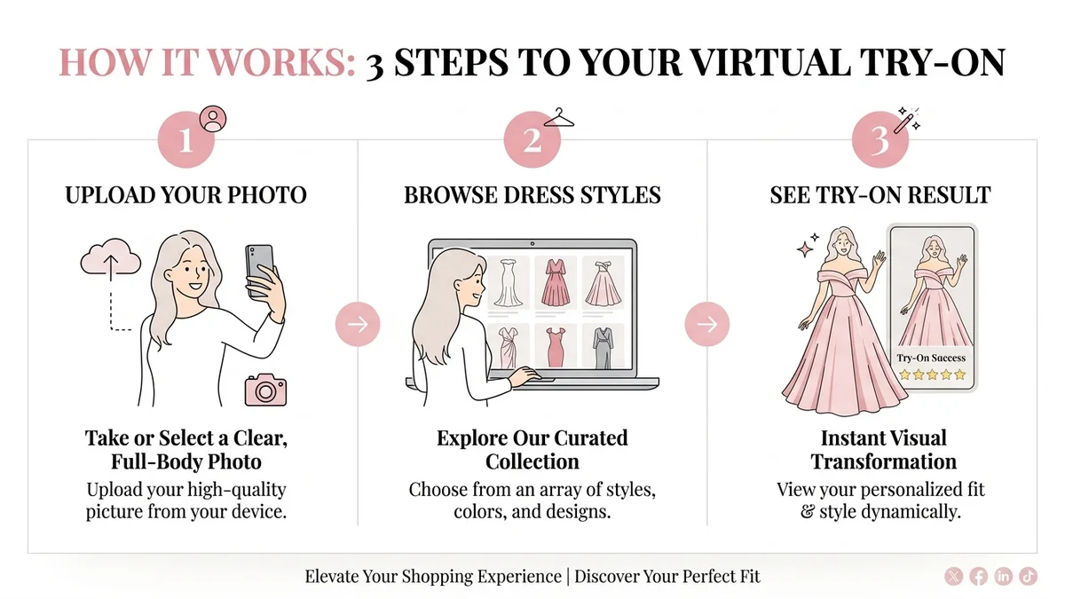 Process infographic showing how RobeMarie virtual try-on works for western wedding dresses