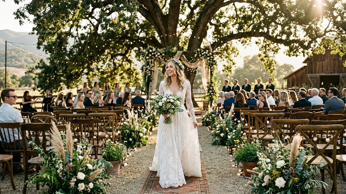 Bride twirling in a bohemian lace wedding gown at a ranch ceremony, warm golden light filtering through oak trees