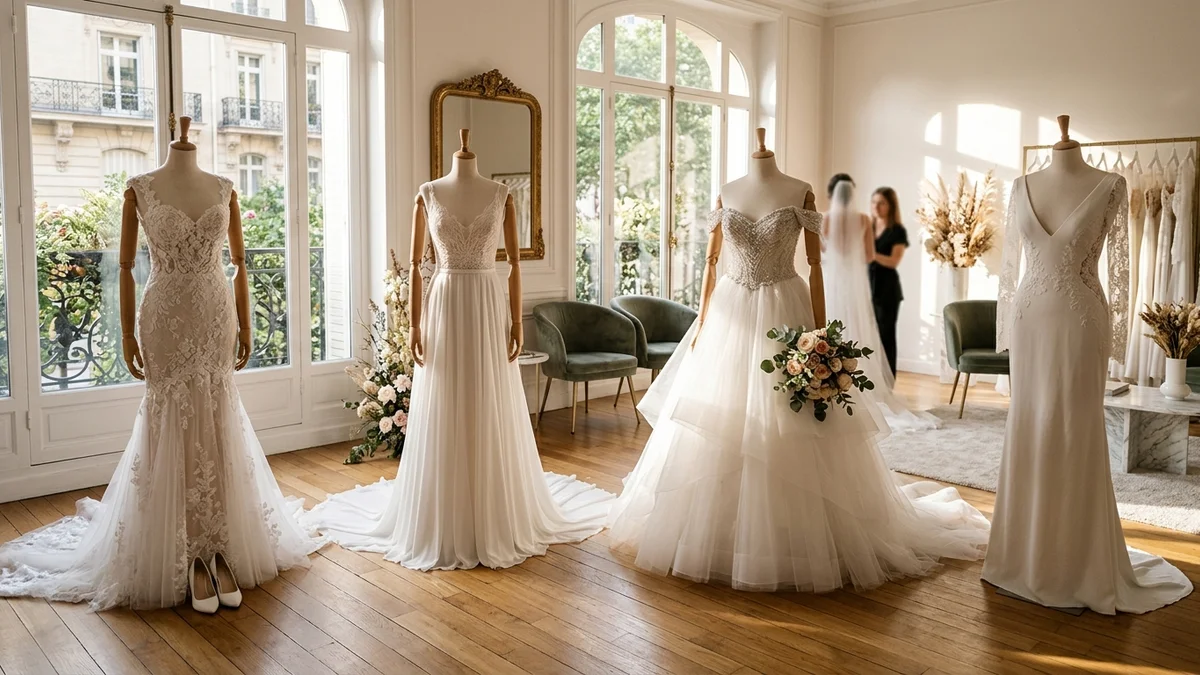 Four distinct western wedding dress silhouettes displayed side by side in a sunlit bridal boutique, ranging from a fitted lace sheath to a flowing A-line