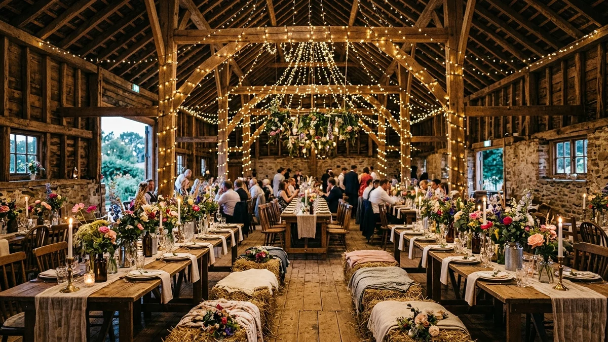 Romantic barn wedding setup with string lights, wooden beams, and wildflower arrangements creating the perfect backdrop for western bridal wear