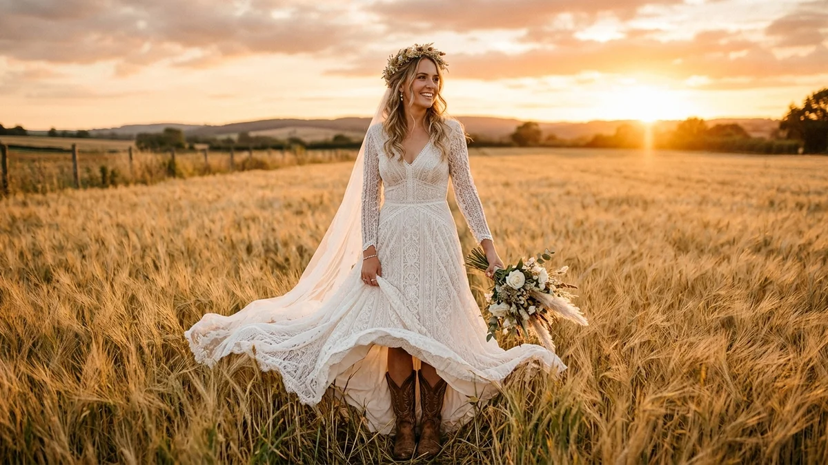 Bride in flowing lace western wedding dress standing in a golden wheat field at sunset, cowboy boots peeking under the hem