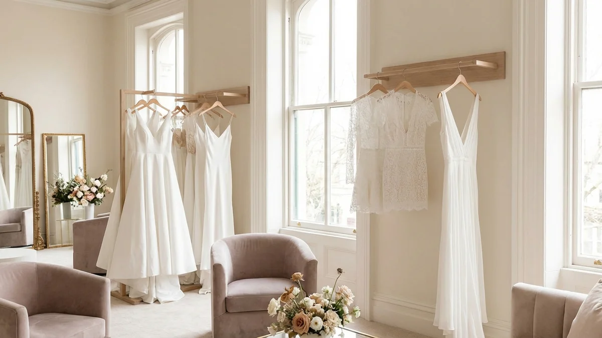 Different white dress silhouettes displayed in a bridal boutique