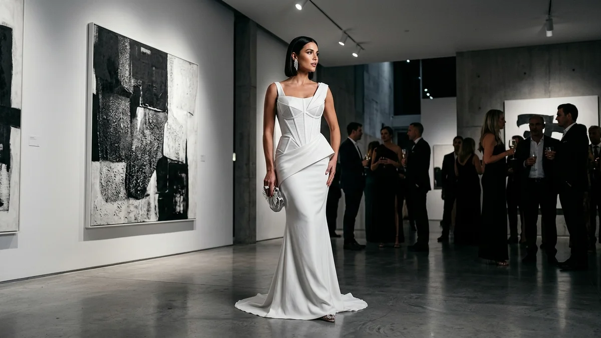 Fashion-forward woman in a white corset-bodice formal gown at an art gallery opening, modern minimalist setting with dramatic lighting