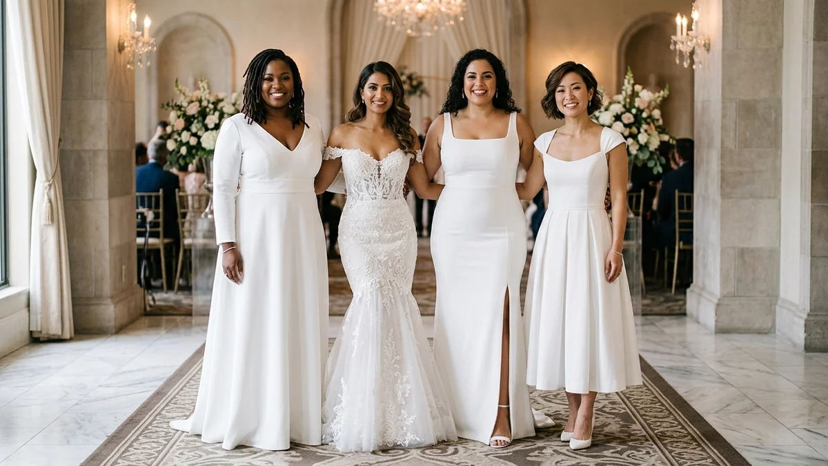 Four women with different body types radiating confidence in perfectly fitted white formal gowns at an elegant evening event