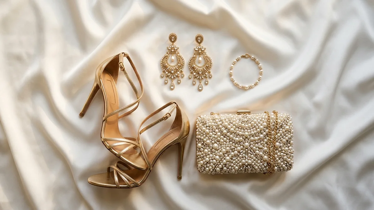 Elegant flat lay of gold statement earrings, strappy metallic heels, and a pearl clutch arranged on white silk beside a white satin gown