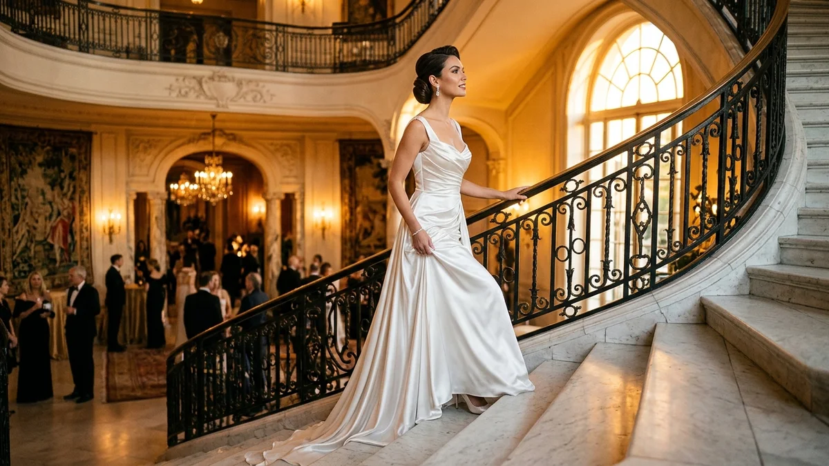 Woman in a stunning floor-length white satin gown ascending a grand marble staircase, golden evening light casting a warm glow