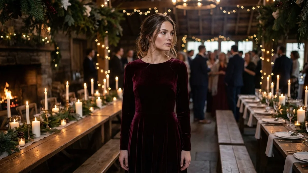 Elegant woman in velvet burgundy dress at winter wedding venue