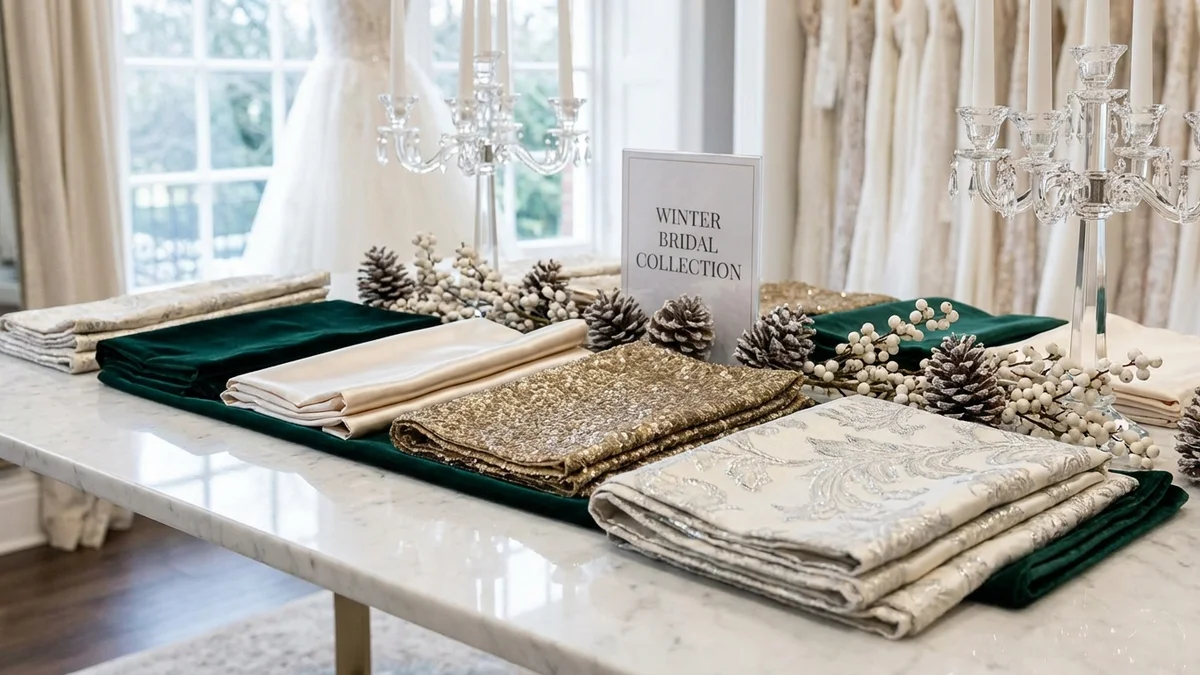 Display of luxurious winter wedding fabrics including velvet and satin