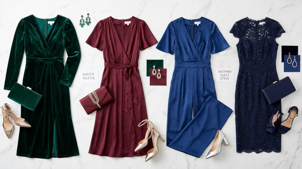 Color palette of winter wedding guest dress options in jewel tones