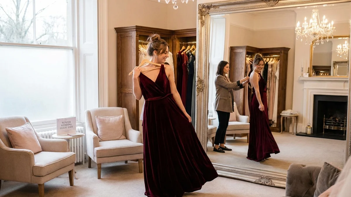 Elegant winter wedding guest dresses in rich jewel tones displayed in a luxury boutique
